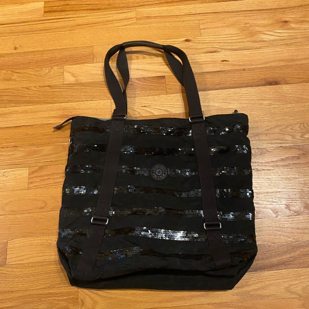 Kipling Tote Bag Black Sequins Zip Top Nylon Travel Gym Bag PLEASE READ**